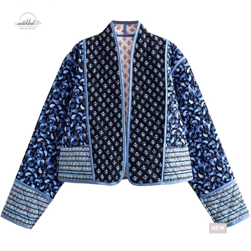 Women's Cropped Puffer Quilted Jacket Cardigan Lightweight Open Front Floral